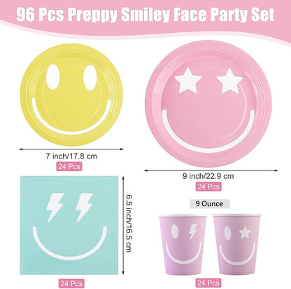 Kochorie 96 Piece Preppy Smiley Face Party Paper Plates Preppy Smile Face Party Decorations Preppy Tableware Set Paper Smile Face Plates Cups Napkins Cutlery Serve 24 Guest for Birthday or Baby Shower