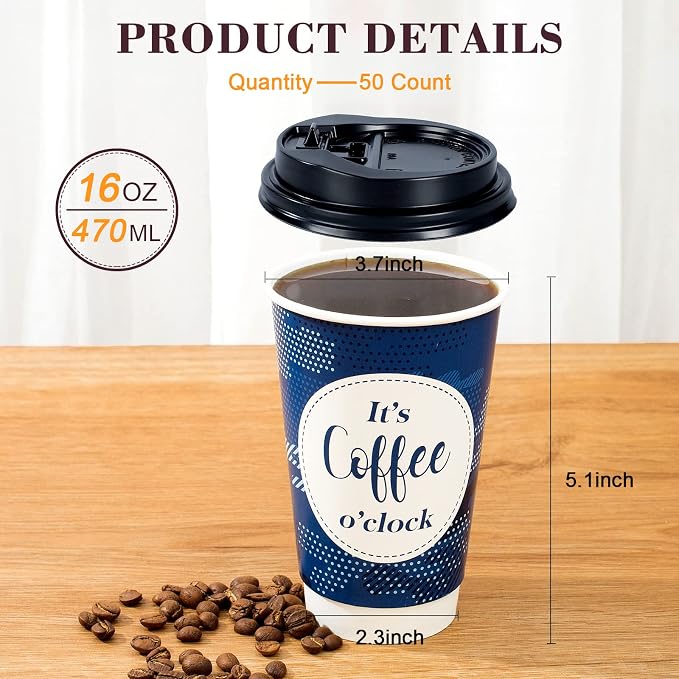 Disposable Coffee Cups with Lids 16 oz, 50 Pack Double-Walled Fun Designs - Image 6