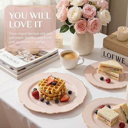 WDF 100pcs Pink Plastic Plates - High-end Baroque Design - Pink and Gold Plates for Upscale Party & Valentine's Day - Including 50 Disposable Plate 10.25inch, 50Salad Plate 7.5inch