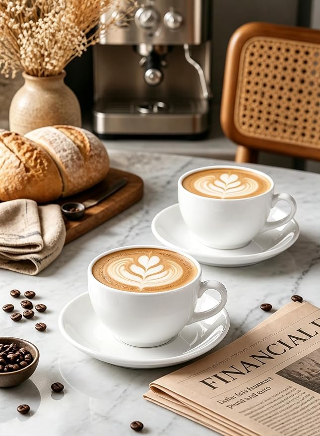 Porcelain Coffee Cups Set with Saucer, 6 Ounce, - Image 8