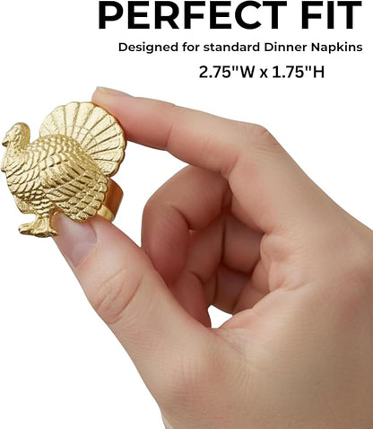Napkin Rings Set of 12, Metal Napkin Holder Cuffs for Dinner Table Décor, Thanksgiving Turkey Bird Farmhouse Modern Serviette Rings for Christmas, Weddings, Receptions, Gold - CLEENTABLE