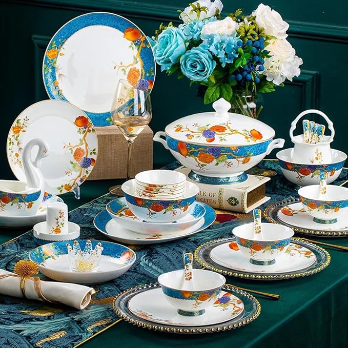 60 Pieces of 10-12 People Bone China Bowl and Plate Dinnerware Set Pomegranate - Image 2