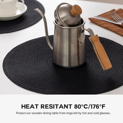 Round Placemats Set of 4 Woven Placemats Washable Braided Table Mats for Dining Table Heat Resistant Non-Slip Circle Place Mats(Black)