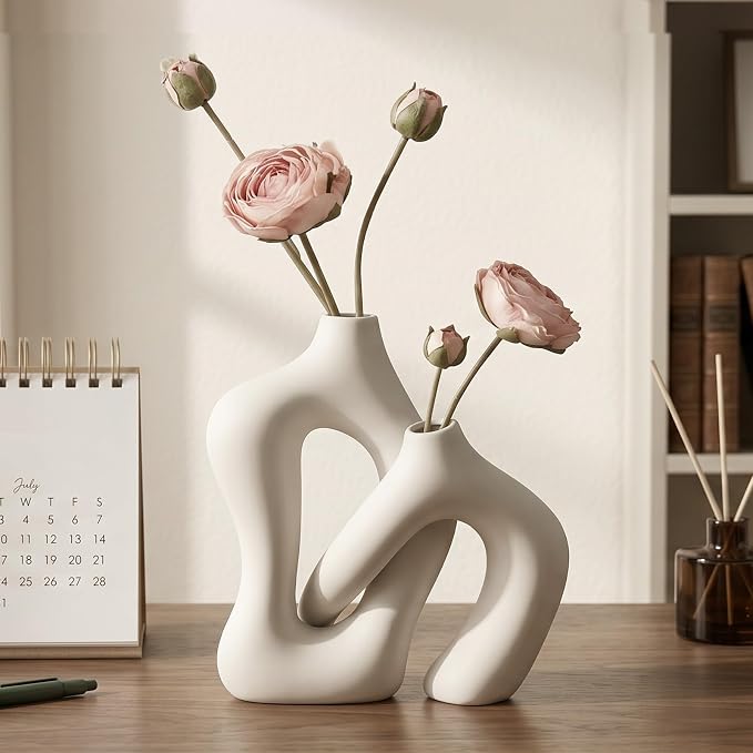 Dowan White Vases for Decor, Hollow Ceramic Vase Set of 2, 8.3" Nordic Modern - Image 6