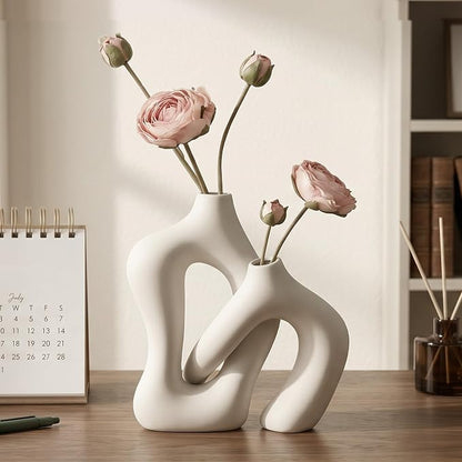 Dowan White Vases for Decor, Hollow Ceramic Vase Set of 2, 8.3" Nordic Modern - Image 6
