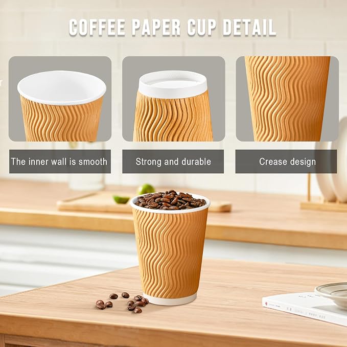 BYSNOW 100 Pack 12 oz Coffee Cups, Insulated Disposable Hot Paper Cups | - Image 3