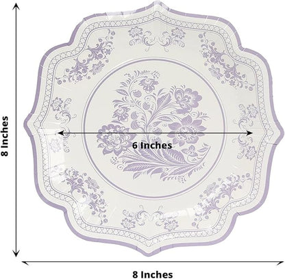 50 Pack 8" White Lavender Lilac French Toile Dessert Plates, Disposable Round Paper Floral Pattern Appetizer Salad Plates 300 GSM for Party Decoration