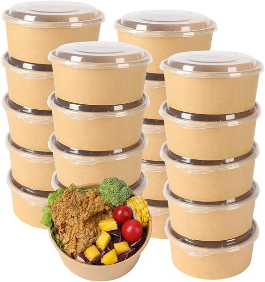 25 oz Disposable Kraft salad paper bowls with lids, Food containers Soup Bowls Party Supplies Treat Bowls 50 Pack