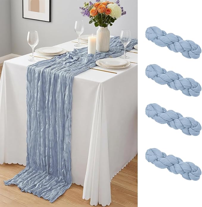 4 Pack Dusty Blue Cheesecloth Table Runner 10Ft, Gauze Table Runners 21.5 x 120 by Yemosa