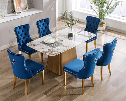 KCC Velvet Dining Chairs Set of 2, Upholstered High-end Tufted Dining Chair with Nailhead Back Ring Pull Trim Stainless Steel Legs, Contemporary Nikki Collection Modern Style for Kitchen, Blue