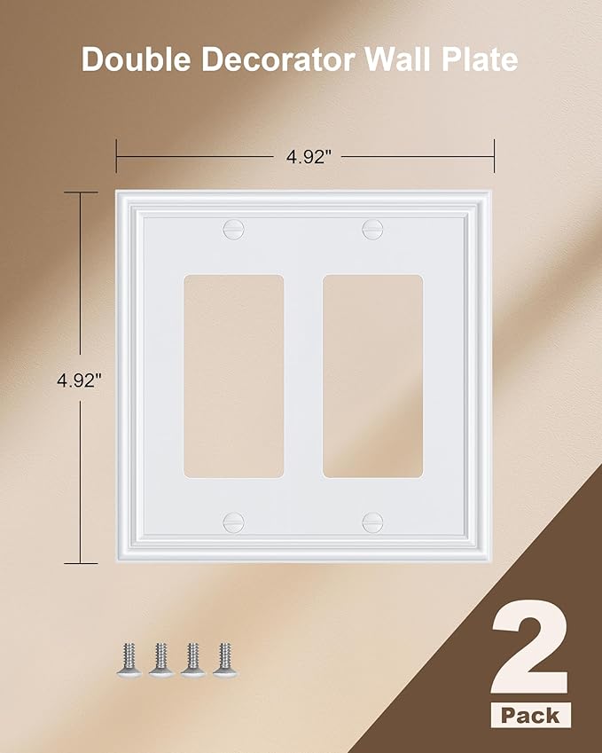 2-Pack Decorative Double Decorator Outlet Cover Plate, Durable Zinc Alloy Pure White Wall Plates for Electrical Outlets, Receptacle, GFCI Outlet, Dimmer Switch, 2-Gang, Corrosion Resistant