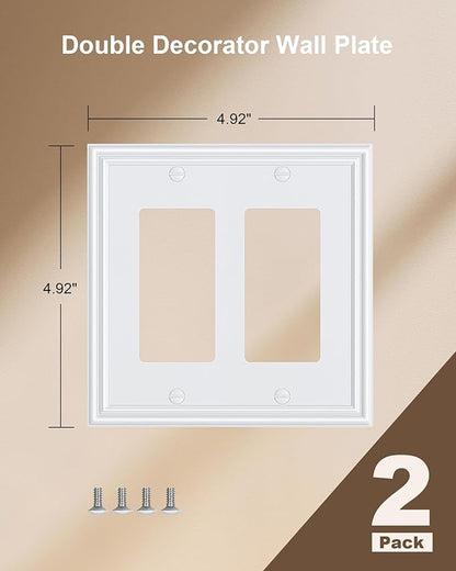 2-Pack Decorative Double Decorator Outlet Cover Plate, Durable Zinc Alloy Pure White Wall Plates for Electrical Outlets, Receptacle, GFCI Outlet, Dimmer Switch, 2-Gang, Corrosion Resistant