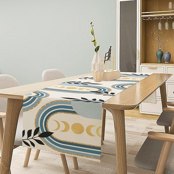 YCness Boho Mid Century Abstract Table Runner Modern Sun Moon Phase Minimalist - Image 3
