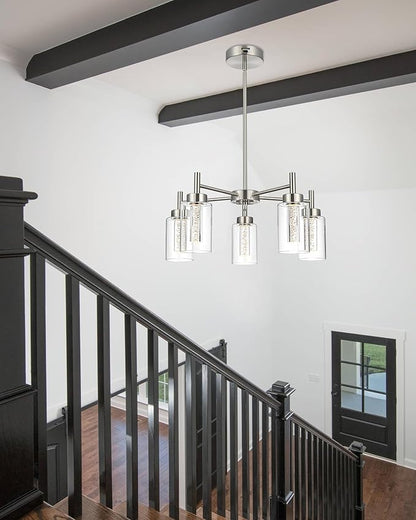 VINLUZ LED 5 Light Modern Chandeliers for Dining Room,Brushed Nickel Finish Hanging Lighting Fixture with Crystal Bubble Clear Glass Shade Kitchen Island for Hanging