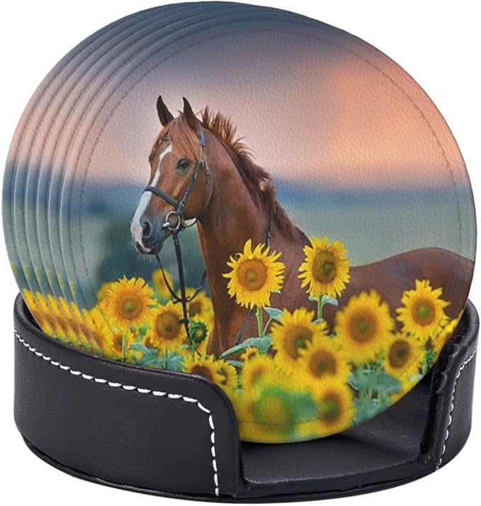 6 Pcs Horse Sunflowers Leather Coasters - Image 3