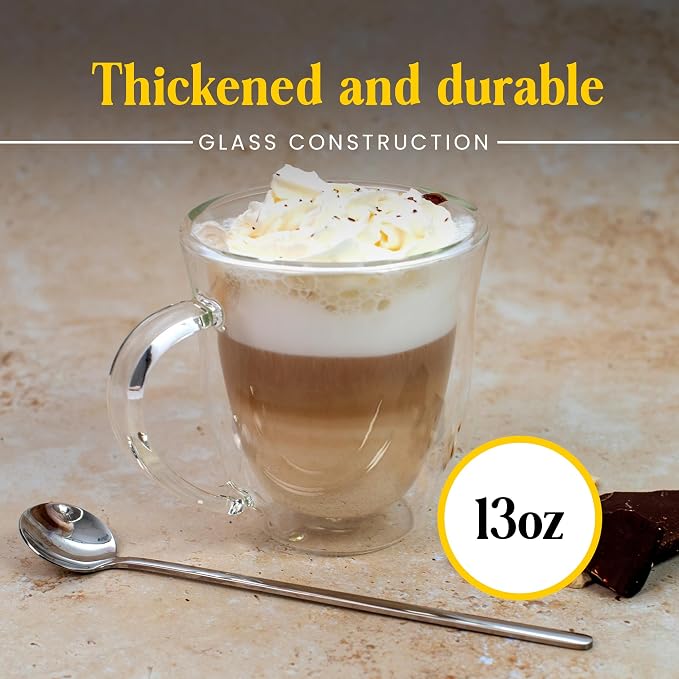 AYL Double Wall Glass Coffee Mugs - 13 oz Insulated Clear Latte Mugs Set of 2 - Image 2