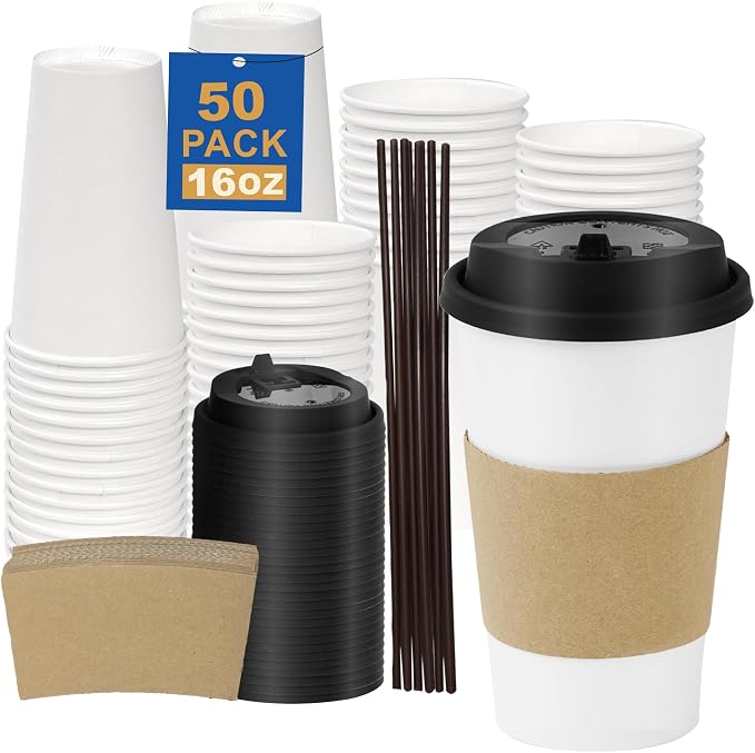 16 oz 50 Pack Coffee Cups with Lids and Sleeves, Hot Disposable To Go Travel by COOLCAP