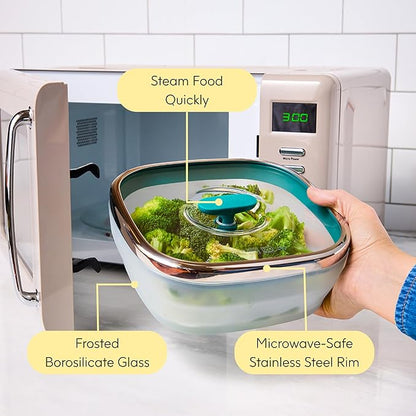 Anyday 5.5-Cup Square Glass Food Storage with Glass Lid | Plastic-Free Meal Prep & Microwave Cookware | Stackable Airtight Storage Container with Vented Lid for Microwave-Safe Reheating