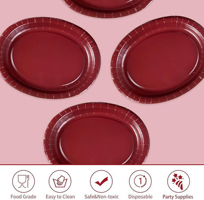 50Pcs Burgundy Oval Paper Plates 10" x 12" Heavy Duty Maroon Wine Dark Red Party Disposable Plates Valentines Day Dessert Platter for Anniversaries Wedding Birthday Holiday Party Supplies Decoration