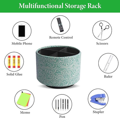 lizimandu Round Leather Art Supply Organizer,Remote Control Holder,360 Degree Spinning,Multi-Functional Pencil Holder,4 Compartments Desktop Stationary Organizer(1-Carved Stone Green)