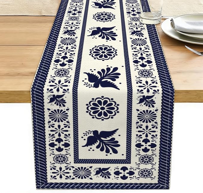 Blue Birds Flowers Mexican Table Runner Spring Floral Decor | Blue Patchwork by Unknown