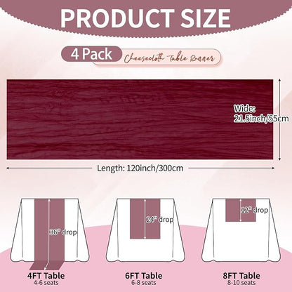 4 Pcs Burgundy Christmas Cheesecloth Table Runner 10Ft, Gauze Table Runners - Image 2