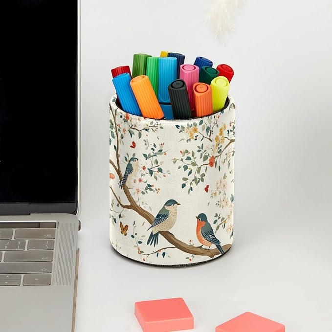 Leather Pen Holder for Desk, Birds Branches Butterflies Pencil Cup Pen - Image 5