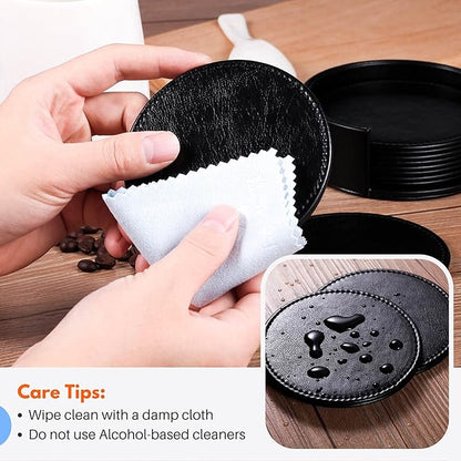 LAMOTI Leather Coasters for Drinks, 4" Drink Coasters Set of 6 with Holder for Tabletop Protection, Handmade Luxurious Home Décor and Housewarming Gift (Black)