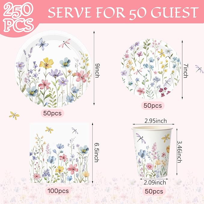 Pickmesh 250 Pcs Spring Floral Disposable Tableware Set Wildflower Butterfly - Image 2