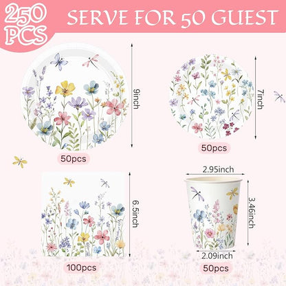 Pickmesh 250 Pcs Spring Floral Disposable Tableware Set Wildflower Butterfly - Image 2