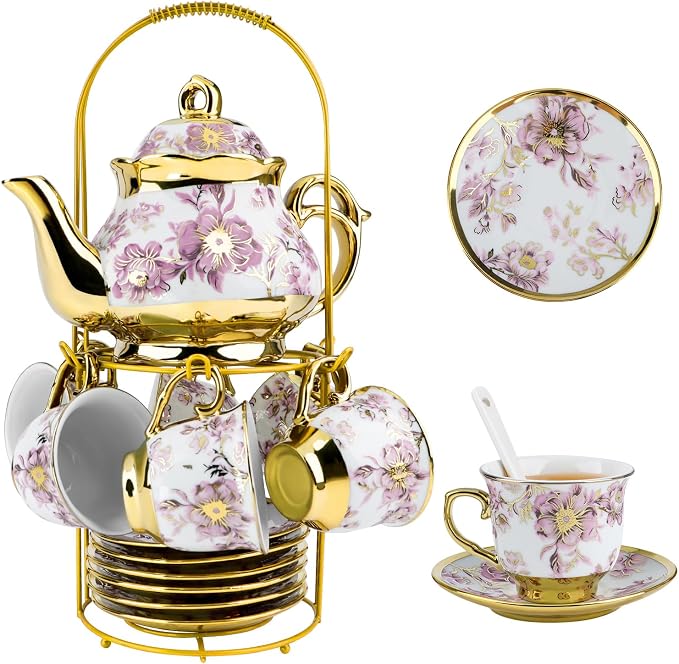 20 Pcs Porcelain Tea Set With Metal Holder, by YCWF