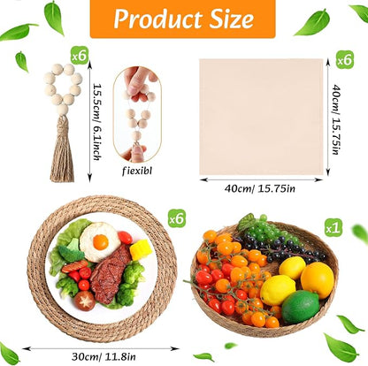 6 Sets Boho Decoration Placemats Round Woven Placemats, Cloth Napkins, Wood - Image 2