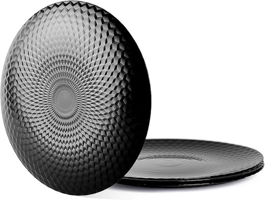 10.5 inch Dinner Plate Set of 6, Round Opal Glass Black Geometric Faceted Dinnerware Plates, Dishwasher and Microwave Safe