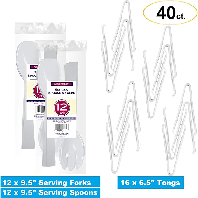 Party Essentials Plastic Party Buffet Serving Utensils Kit, Spoons/Forks/Tongs - Image 2