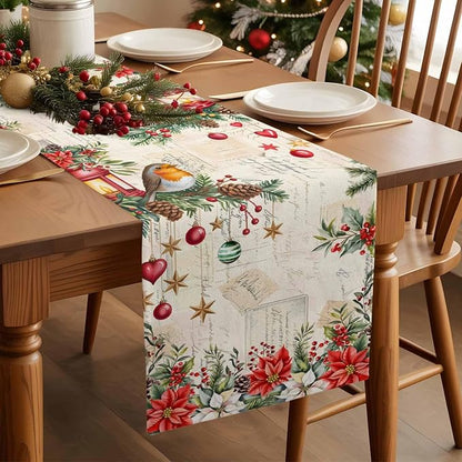 Christmas Poinsettia Table Runner 60 Inches Long, Winter Xmas Balls Birds Table - Image 3