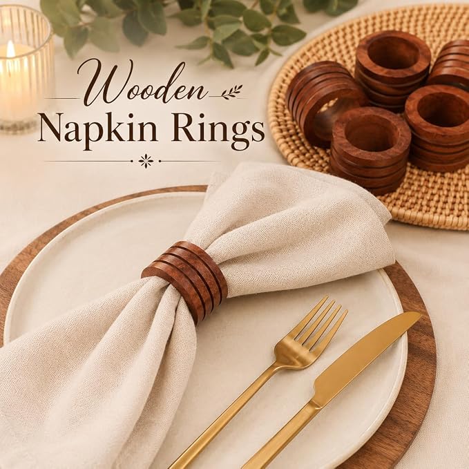 Handcrafted Wooden Napkin Rings, Hardwood Dinner Napkin Holders Set of 12 - Image 2