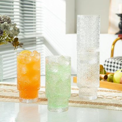 Drinking Glasses Set of 4, 16oz Textured Flower Design Cocktail Glasses, Stackable Old Fashioned Glass Cups, Vintage Glassware for a baby Shower Wedding for Kitchen and Bar - Dishwasher Clear