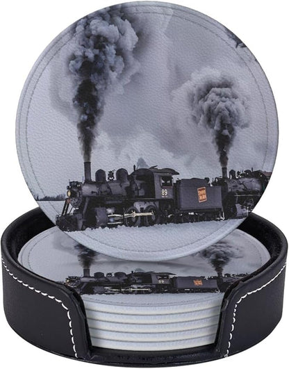 6 Pcs Winter Train Braving Smoke On Black Railroad Tracks Leather Coasters by CAPVKING