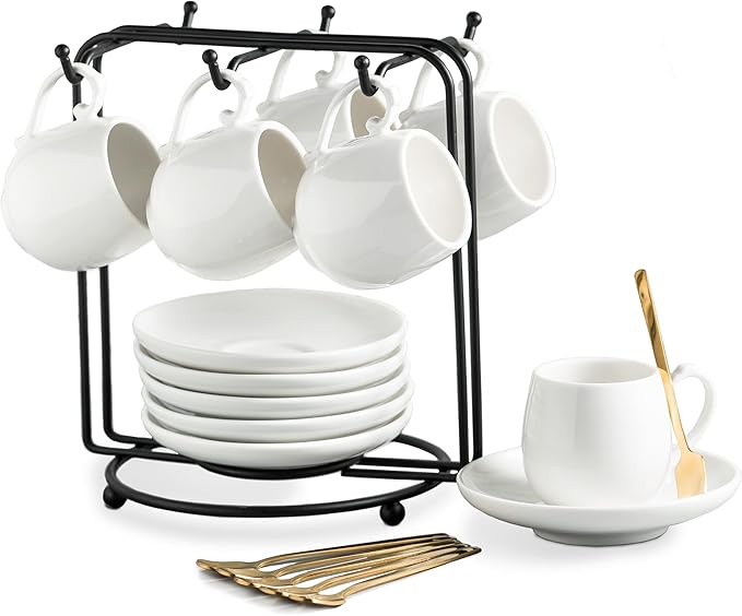 LYEOBOH Espresso Cups with Saucers Set, 3 Ounces Coffee Cups with Metal Stand by LYEOBOH