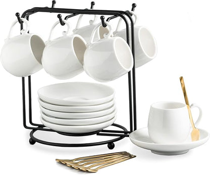 LYEOBOH Espresso Cups with Saucers Set, 3 Ounces Coffee Cups with Metal Stand by LYEOBOH