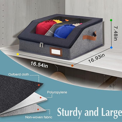 2-in-1 Hat Organizer for Baseball Caps Holds 48-60 Caps Hat Storage with Adjustable Divider Stackable Hats Holder for Closet with Clear lid Cowboy Hat Box for Men Women 2 PCS Black and Grey
