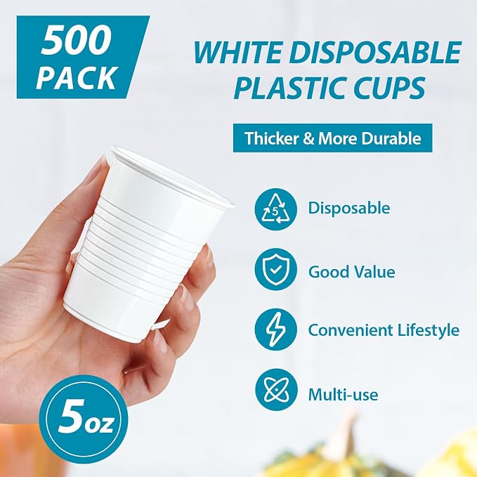 Lilymicky 500 Pack 5 oz White Plastic Cups, Disposable Plastic Tumbler | - Image 4