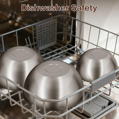 3-Piece Stainless Steel Mixing Bowls Set, 2.4, 3.2 & 4.9 Qt with Measurement Marks, Food Grade 304, Dishwasher Safe & Stackable for Baking, Tossing Salads, and Meal Prep for Your Kitchen