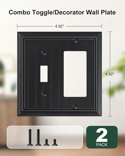 2-Pack Classic Beadboard Combo Toggle/Decorator Light Switch Cover Plate, Matte Black Decorative Electrical Outlet Covers, Durable Natural Bamboo Fiber Switch Plates and Outlet Covers