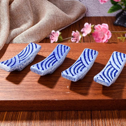 Porcelain Chopstick Holder Set of 4, 2.8" Wave Motif Spoon Fork Stands | - Image 4