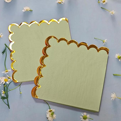 100 pack Sage Green Cocktail Napkins with Gold Foil Accents Scalloped Edges 5 x 5 inch Beverage Disposable Napkin Party Decoration Wedding Bridal and Baby Shower Dinner Lunch Supplies