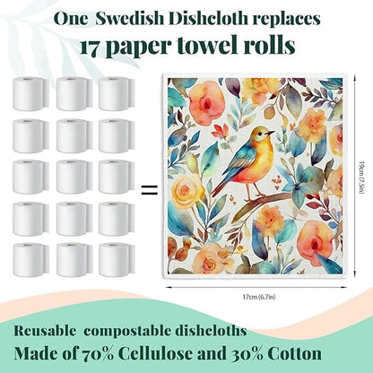 Vintage Bird Flowers Swedish Dishcloths for Kitchen, Papaya Reusable Paper Towels, 4 Pack Watercolor Dish Towels for Kitchen, Swedish Dish Cloths, Reusable Paper Towels Washable