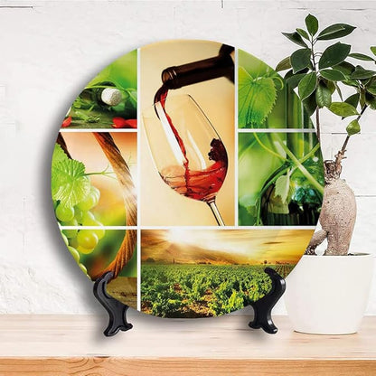 Decorative Plates, Wine Print Ornament, Wine Tasting and Grapevine Collage Green Fresh, 10 Inch, Kitchen Wall Decor, Green Ruby Caramel