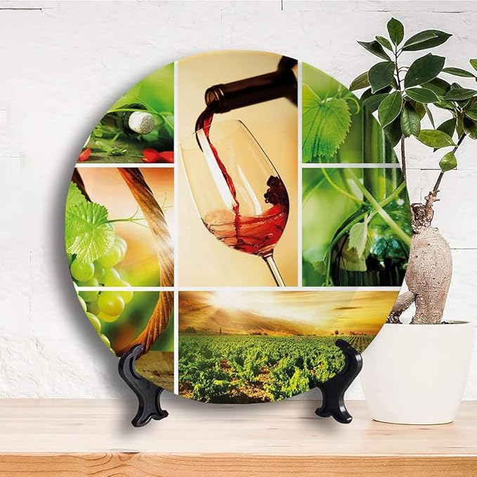Decorative Plates, Wine Print Ornament, Wine Tasting and Grapevine Collage Green Fresh, 6 Inch, 1 Plate with 1 Display Stand, Green Ruby Caramel