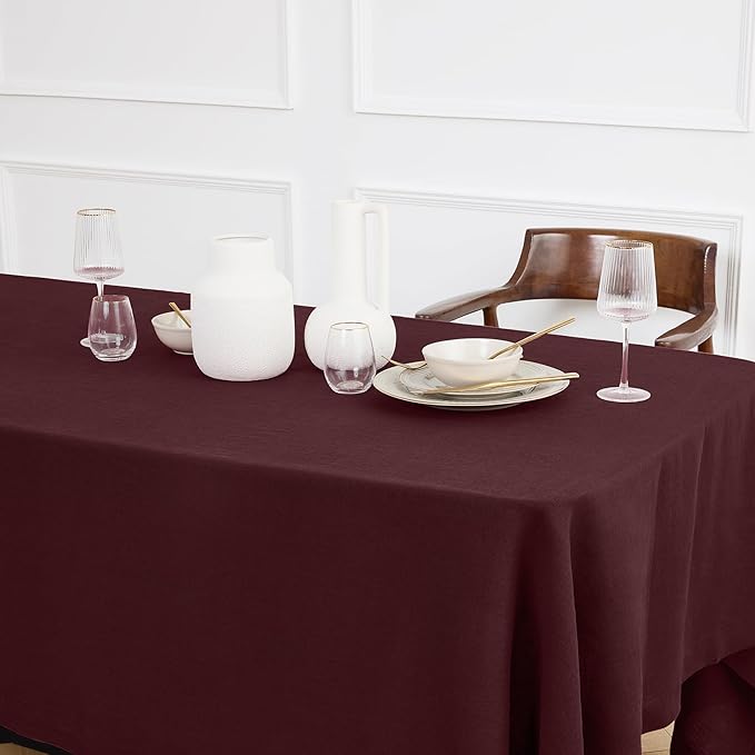 Solino Home Burgundy Linen Tablecloth 70 x 90 Inch - 100% Pure Linen Table Cloth for Rectangle Tables - Sonoma, Machine Washable Tablecloth for Valentines